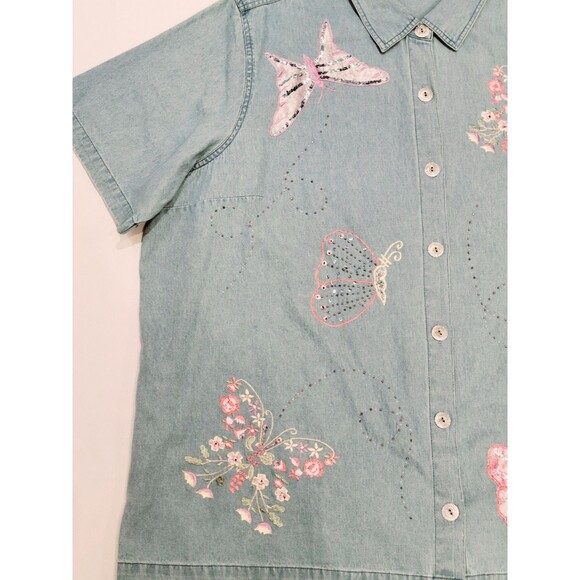 VTG Denim Button Up Blouse Top 4X Tag Embroidered Embellished Butterflies Floral - Picture 2 of 9